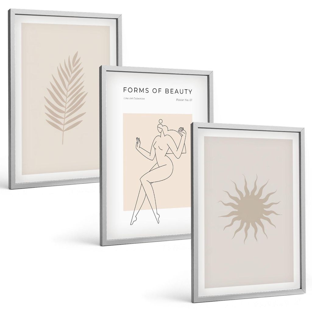 Bilder Set 3-teilig im silbergerahmten Rahmen – Wandbilder 3 Stück – gerahmte Poster für Wohnzimmer, Schlafzimmer und Flur – 40x60 cm – E...