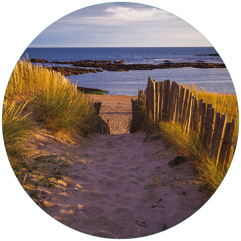 Wallario Premium Glasbild, freischwebende Optik, kräftige Farben, rund 50cm Durchmesser, Motiv Weg durch die Dünen zum Meer an der Küste