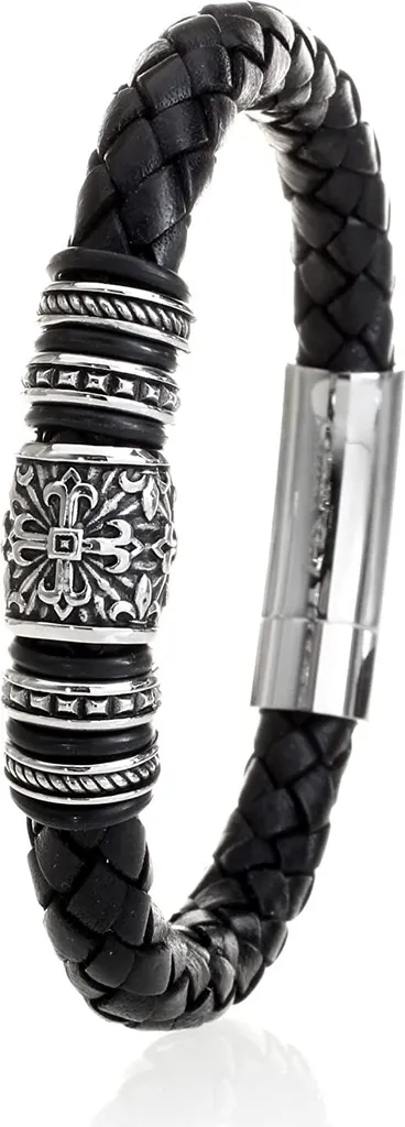 Bracciale in pelle da uomo intrecciato di alta qualità Karisma nero - Elementi in acciaio inossidabile motivo croce di giglio 316L LB-418-01 - 22,5 centimetri