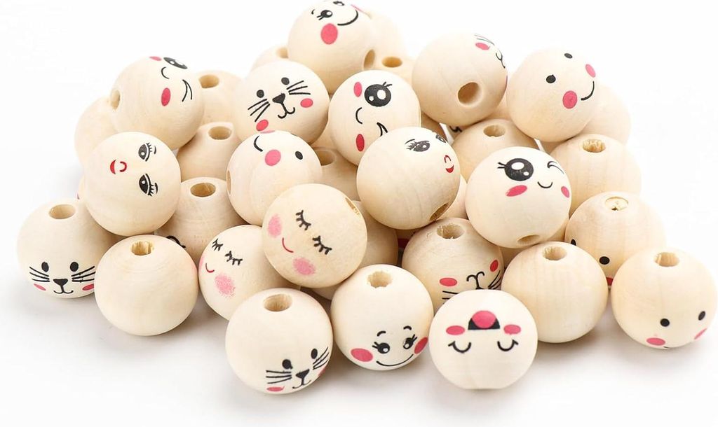 20 mm Holzperlen mit Gesicht - 70 Stück natürliche Smiley Holzperlen - DIY Sorgenwürmer Glückswürmer - Bastelwerk Dekorationen Holzperlen mit ...