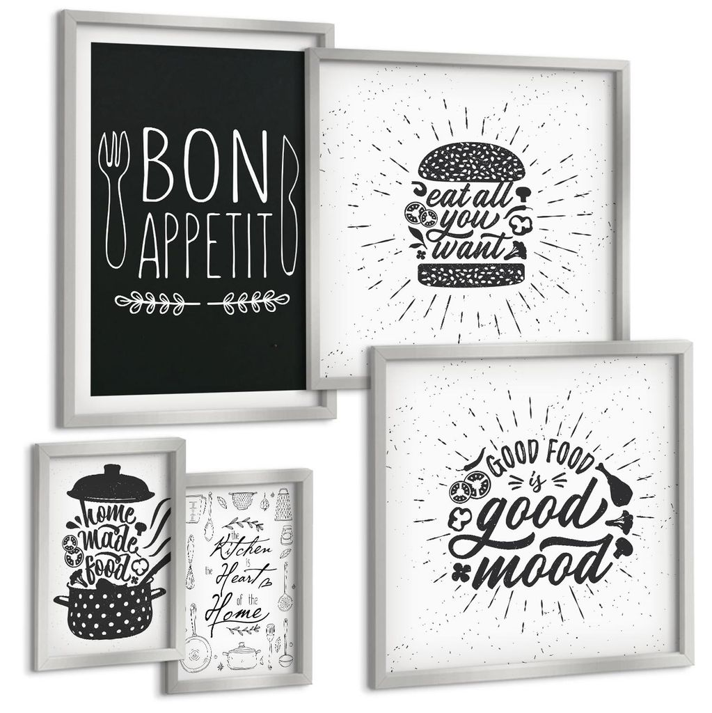 Bilder Set 5-teilig im silbergerahmten Rahmen – Wandbilder 5 Stück – gerahmte Poster für Wohnzimmer, Schlafzimmer und Flur – 50x50 cm - 40x...