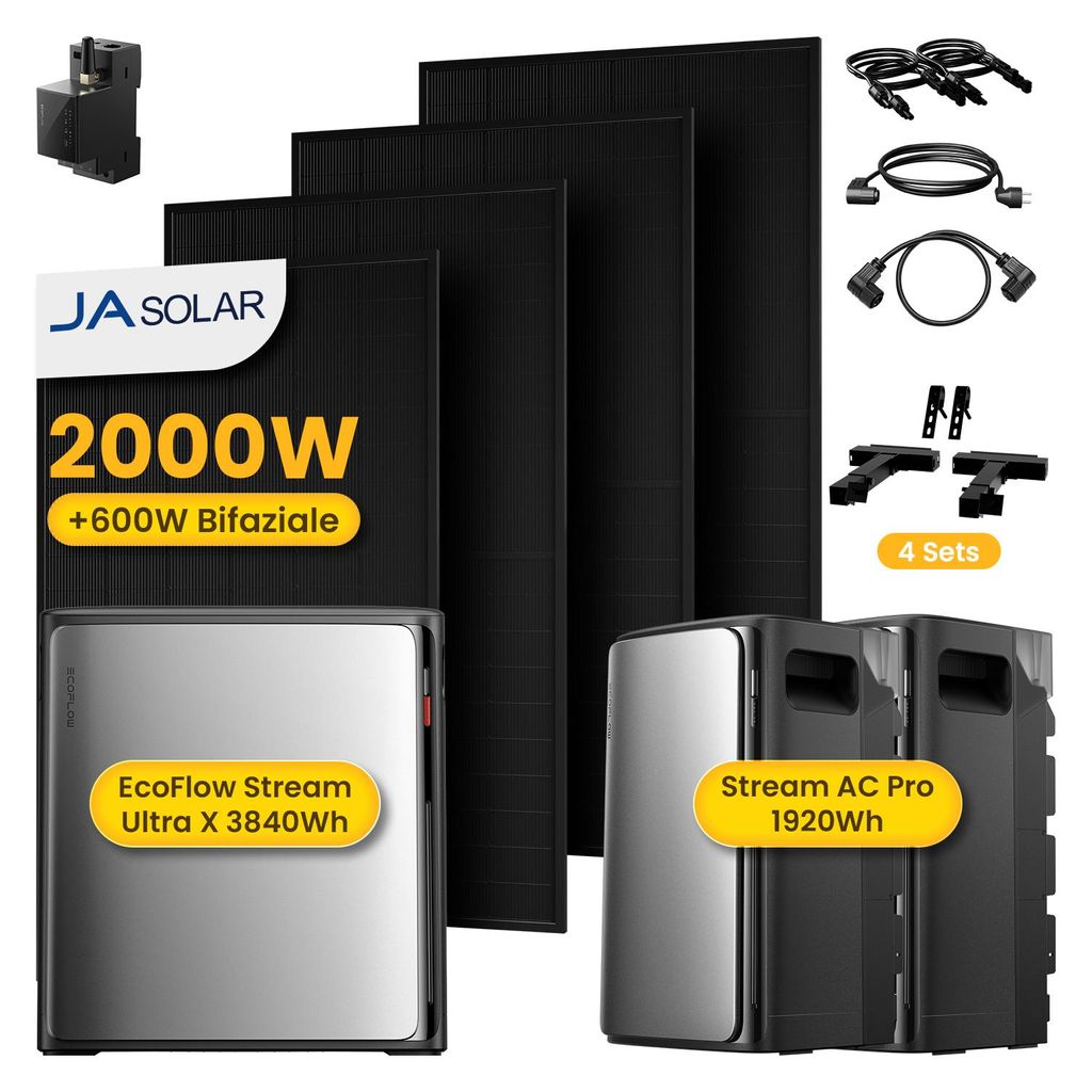 Powerness Balkonkraftwerk mit Speicher,EcoFlow STREAM Ultra X Speicher mit 2000W JASolar Modulen,2x STREAM AC Pro,Smart Meter & Balkon-Haken Halte...