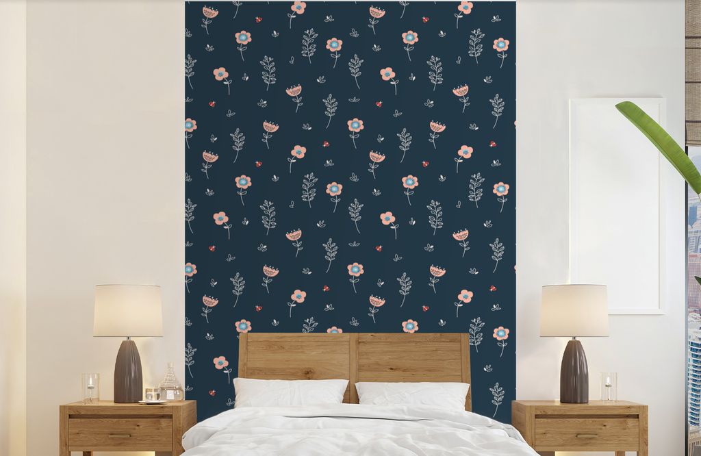MuchoWow Fototapete für Wohnzimmer oder Schlafzimmer Wandtapete Vinyl Motivtapete Blume - Insekten - Muster - 190x300 cm - Kinderzimmer