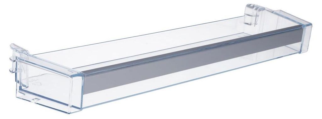 A clear plastic refrigerator door shelf with a gray accent strip.