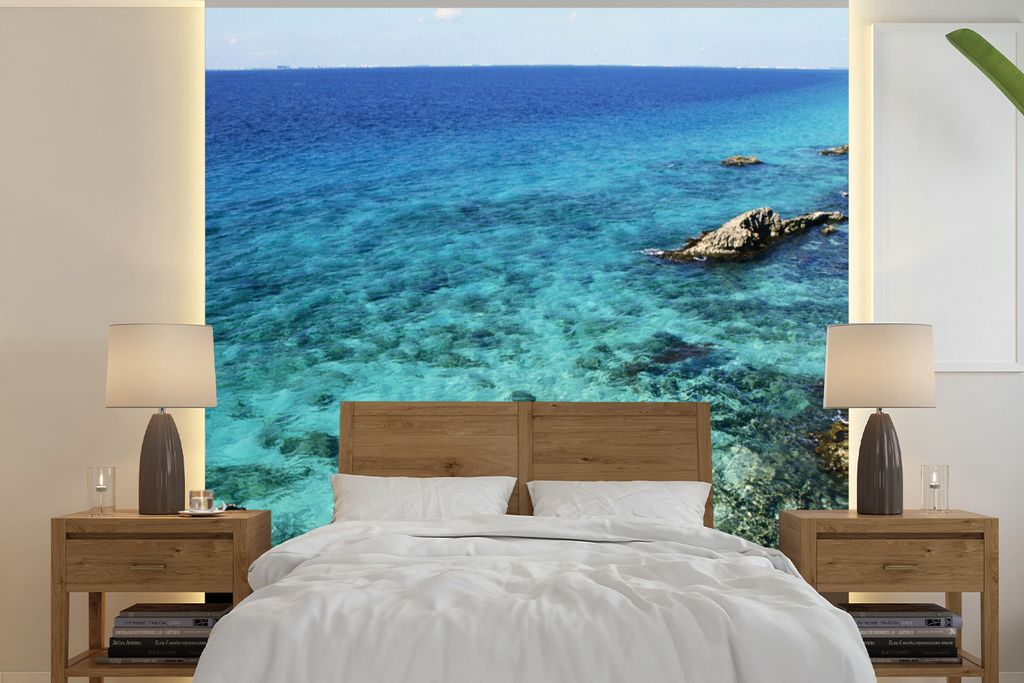 MuchoWow Fototapete für Wohnzimmer oder Schlafzimmer Wandtapete Vinyl Motivtapete Klares blaues Wasser vor der Insel Isla Mujeres - 300x300 cm -...