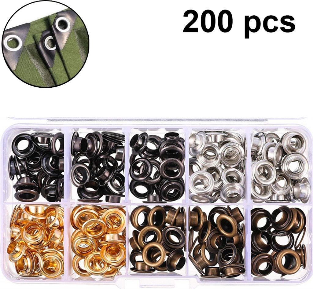 200-teiliges Ösenset, Grommet-Werkzeugsatz, Ösenzangen-Set, Ösenwerkzeug, Planenösen, 6 mm Ösen, Unterlegscheiben, Stanzer mit Box, Nietösen ...
