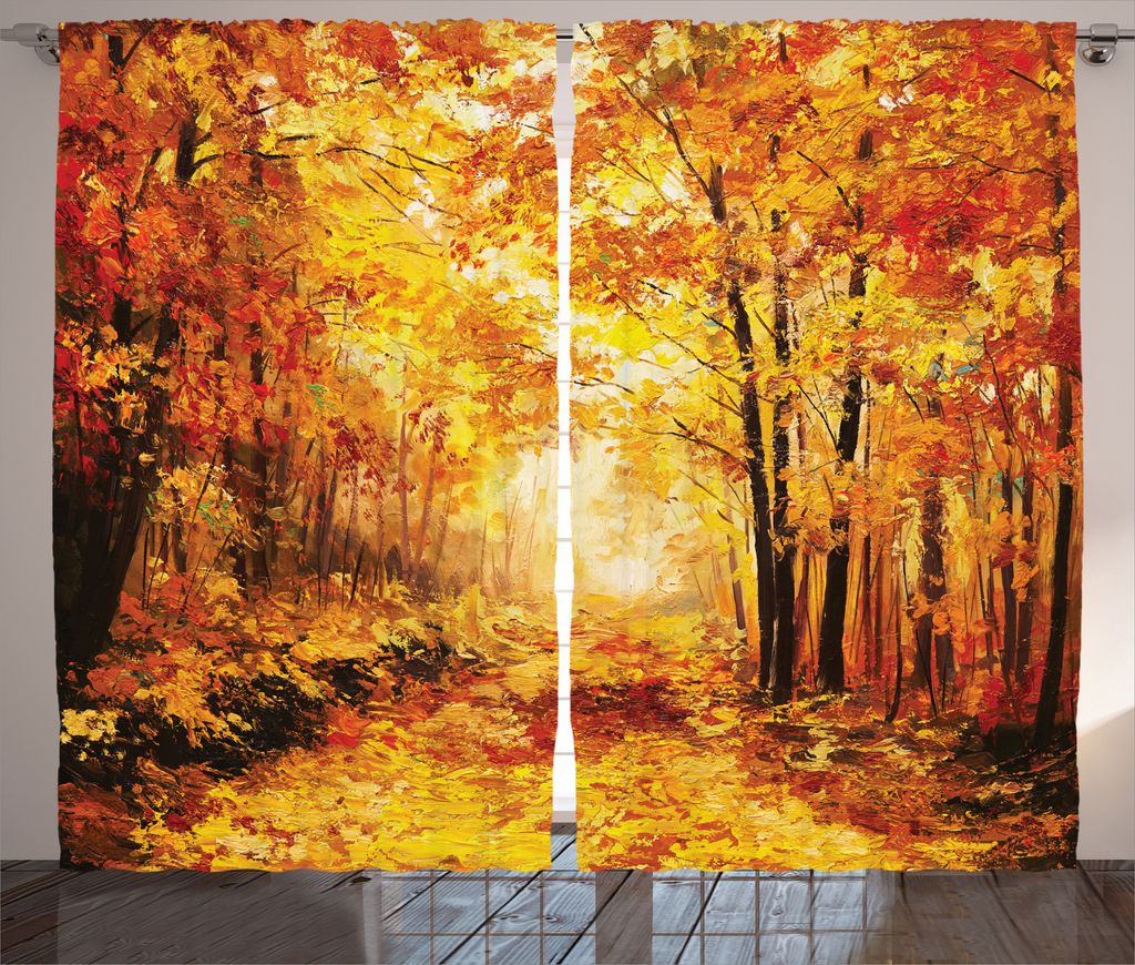 ABAKUHAUS Natur Rustikaler Gardine, Herbst im Relax Wald, Schlafzimmer Kräuselband Vorhang mit Schlaufen und Haken, 280 x 245 cm, Orange Braun