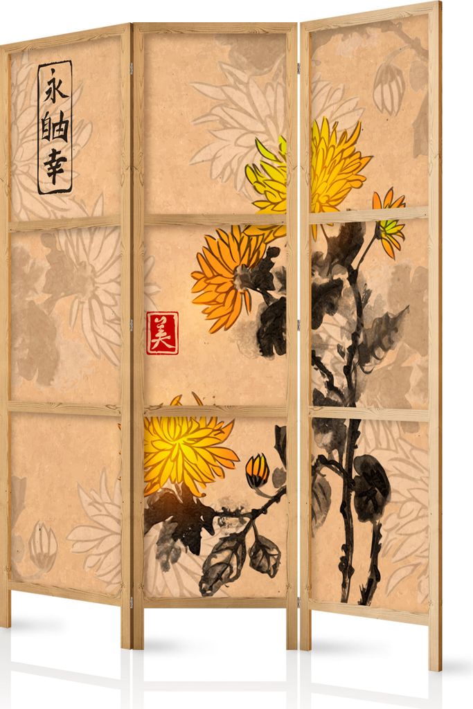 Paravent Blumen 135x171 cm 3-teilig einseitig eleganter Sichtschutz Raumteiler Trennwand Raumtrenner Holz Design Motiv Deko Home Office Japan p-B-0...
