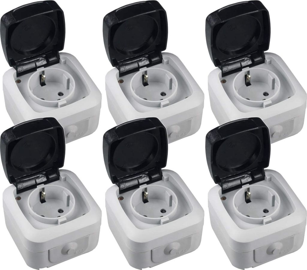 6er Set Feuchtraum Steckdosen AP IP44 250V 16A Aufputz Steckdose