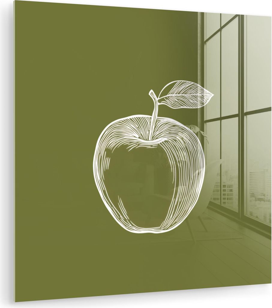 MuchoWow Glasbilder - Bilder auf Wandbild - Foto auf Glas Strichzeichnung - Apfel - Olivgrün - Blatt 30x30 cm Wanddekoration aus Glas - Acrylglasb...