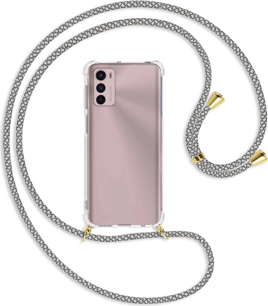 Handykette Backcover-Schutzhülle mit Band (Metall goldfarben) für Motorola Moto G42 (6.4'') - weiß/grau kariert