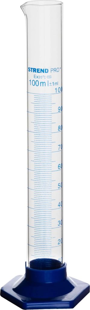 A clear studio shot of a 100ml glass graduated cylinder with a blue base.