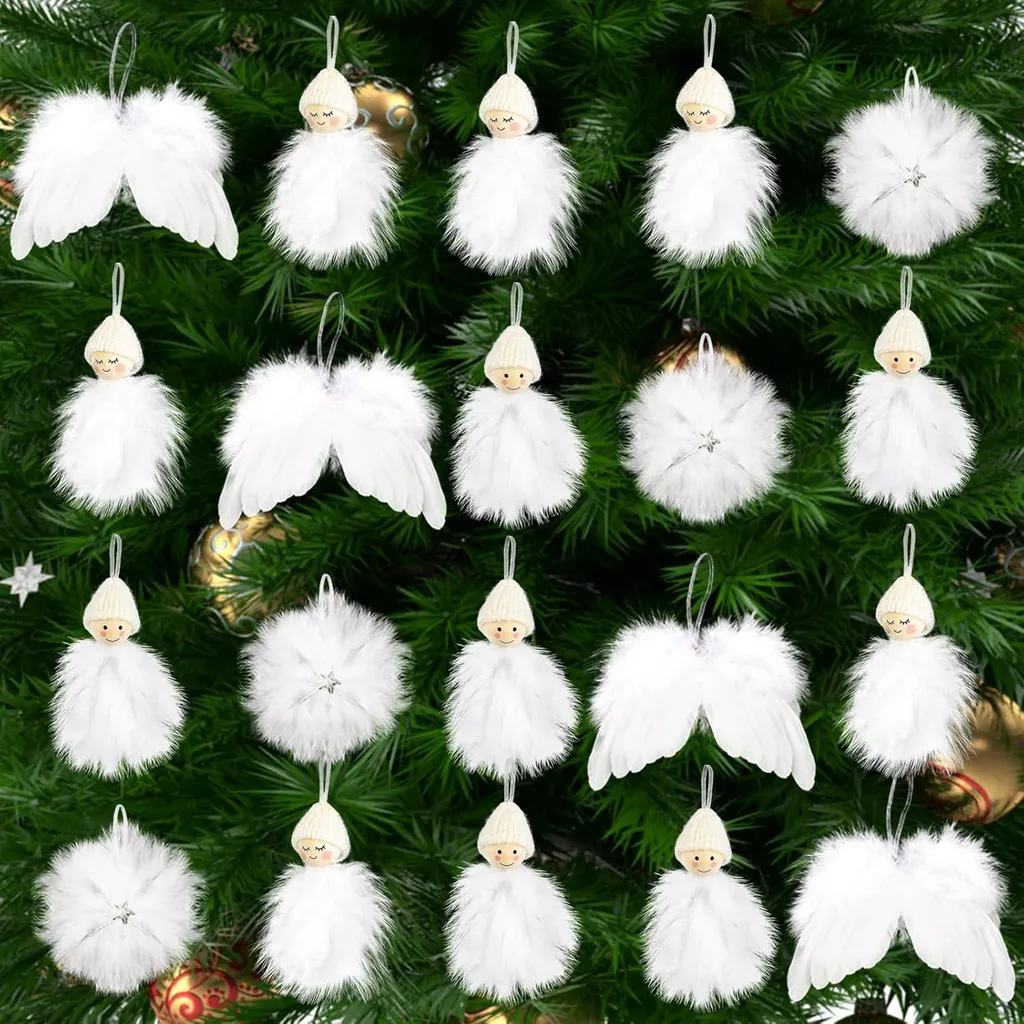 Suspension sapin Noël poupée ange blanc - Lot de 20 ornements en plume