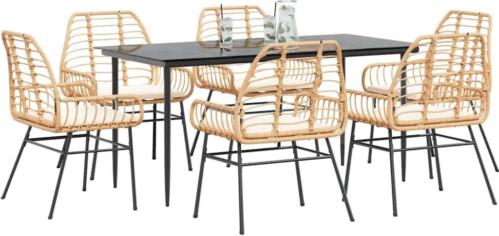 Maison Exclusive - 7-tlg. Garten-Essgruppe mit Kissen Braun Poly Rattan Glas