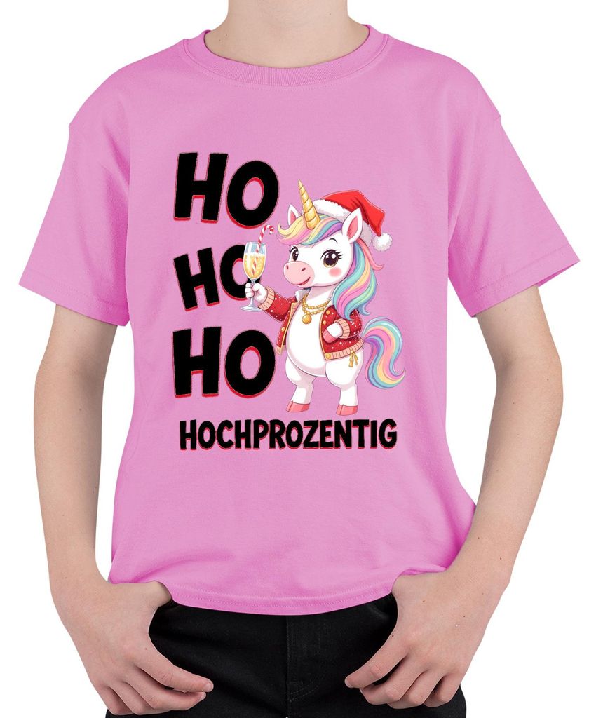 Einhorn Weihnachten Ho Ho Ho Hochprozentig Sekt Regenbogenmähne Uni Kinder T-Shirt, Pink, 116