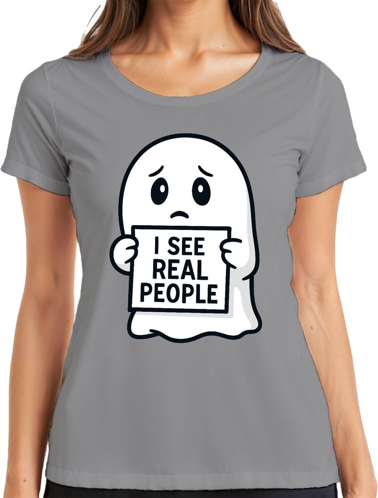 Ich sehe echte Menschen süßer Geist schüchtern Halloween lustig Damen T-Shirt, Grau, S
