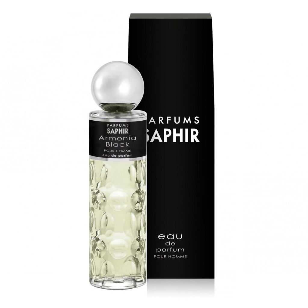 A bottle of Saphir Armonia Black Pour Homme Eau de Parfum and its black packaging are displayed against a white background.