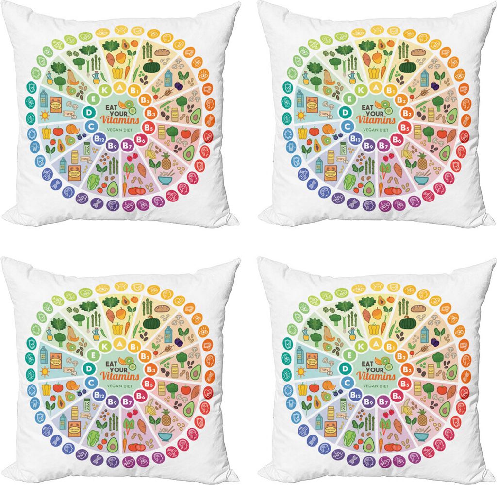 ABAKUHAUS Vegan Kissenbezug Set (4 Stück), Vitamin-Nahrungsmittelquellen, Moderner Doppelseitiger Digitaldruck, 45 cm x 45 cm, Mehrfarbig