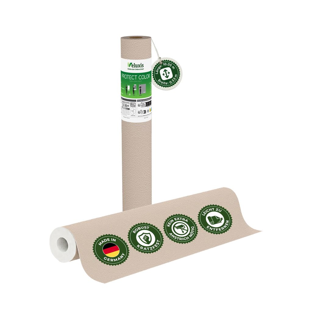 Vliestapete Protect Color - 10,05 m x 0,53 m (Beige, 1er-Set) | kein Anstrich notwendig, extrem kratz- & stoßfest, rissüberbrückend | Germany