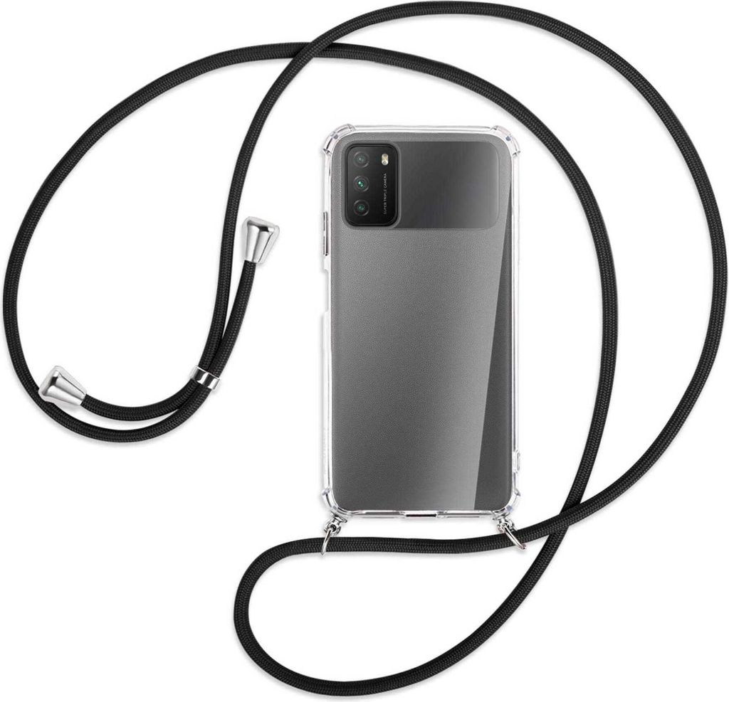 Handykette Backcover-Schutzhülle mit Band (Metall silberfarben) für Xiaomi Poco M3 - schwarz
