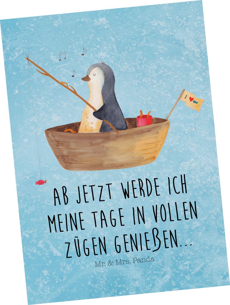 Mr. & Mrs. Panda Postkarte Pinguin Angelboot - Eisblau - Geschenk, Ansichtskarten, Liebeskummer, Postkarten, Boot, Grußkarte, Angeln, Motivation, ...