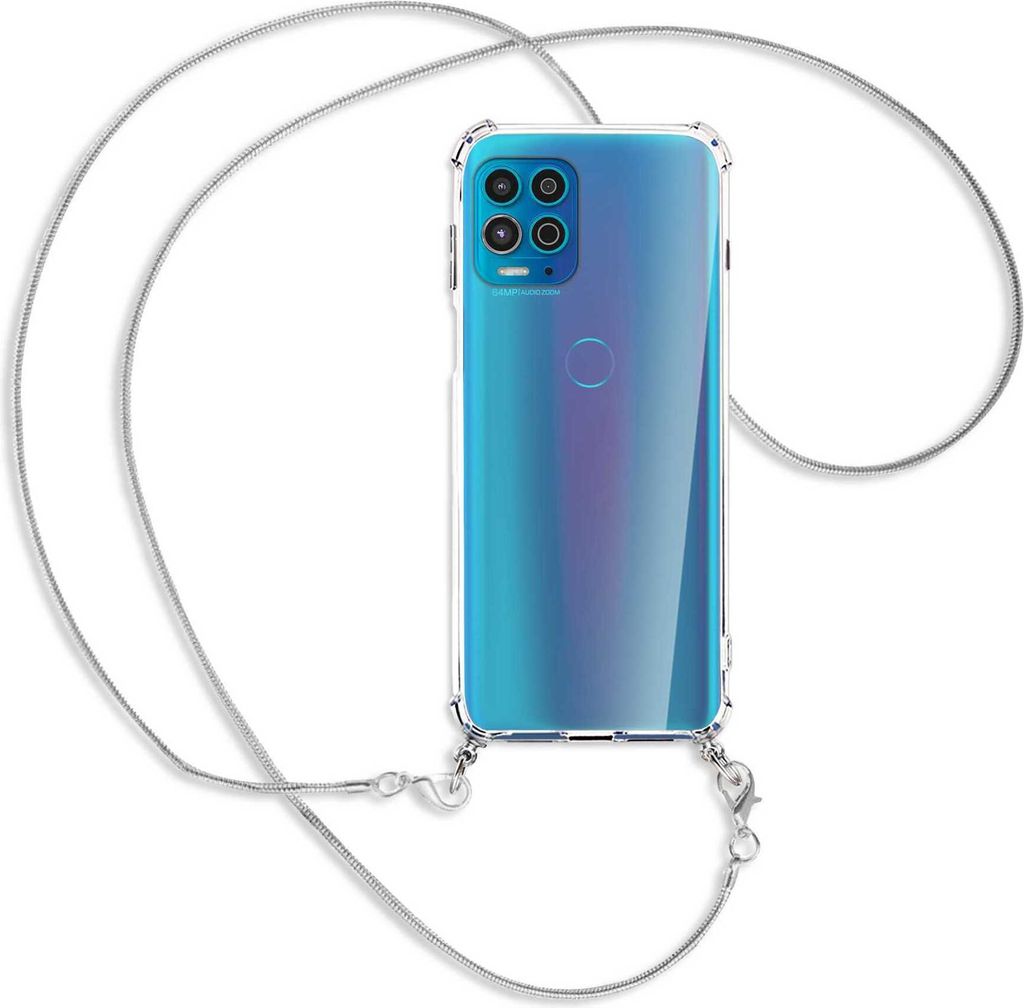 Handykette Backcover-Schutzhülle mit Band (Metall silberfarben) für Motorola Moto G100 - silberfarbene Kette Snake
