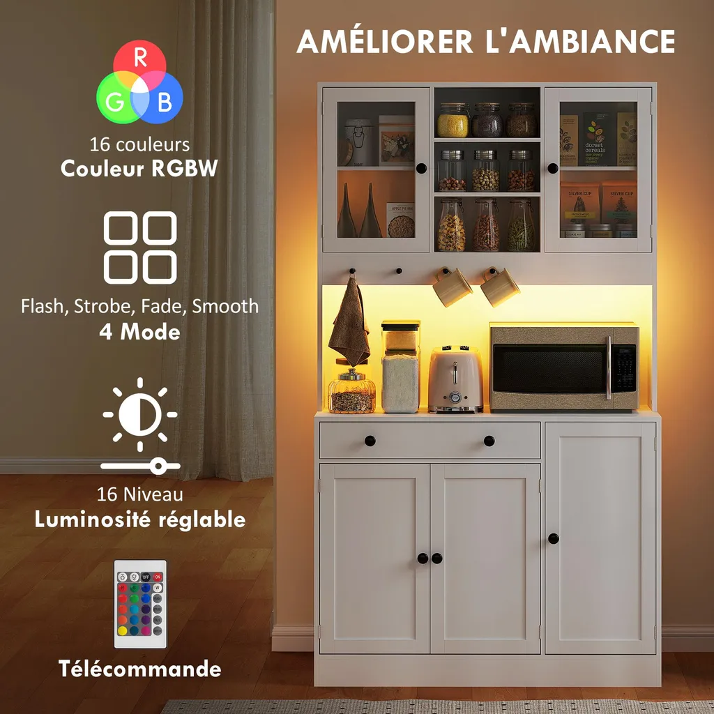 Buffet Cuisine avec Multiprise Intégrée et Éclairage LED Télécommandé