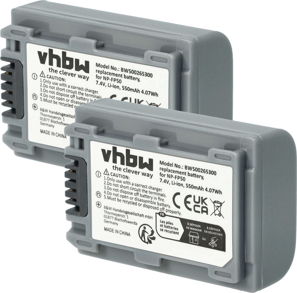 vhbw 2x Akku kompatibel mit Sony DCR-SR90E, DCR-SR90, DCR-SR80E Videokamera Camcorder (500 mAh, 7,2 V, Li-Ion)