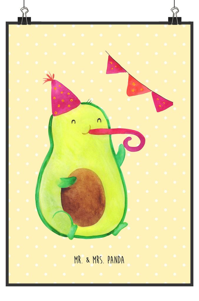 Mr. & Mrs. Panda Bild Avocado Party Zeit DIN A4 - Gelb Pastell - Geschenk, Genießen, Kunstdruck, Wanddekoration, poster, drucke, Happy Birthday, G...