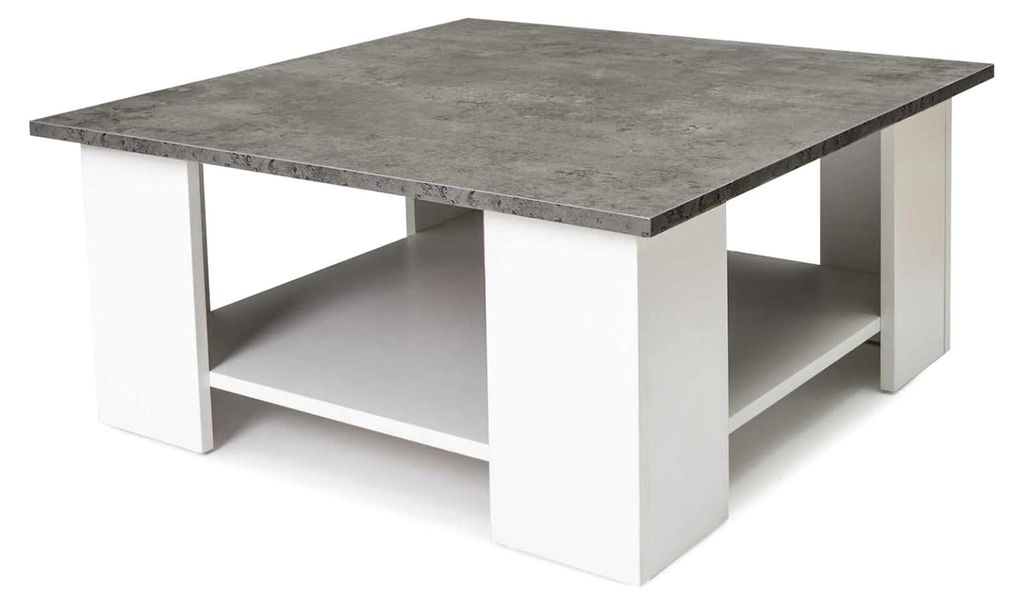 Quadratischer Couchtisch ELI mit weißer Tischplatte in Betonoptik