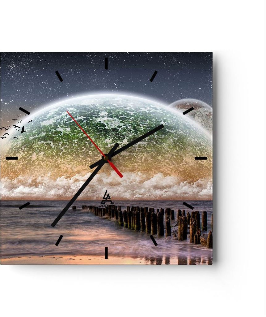Wanduhr - Quadrat - Glasuhr - Abstraktion Planet Erde Globus - 30x30cm - Schleichendes Uhrwerk - Lautlos - zum Aufhängen bereit - Dekoration Moder...