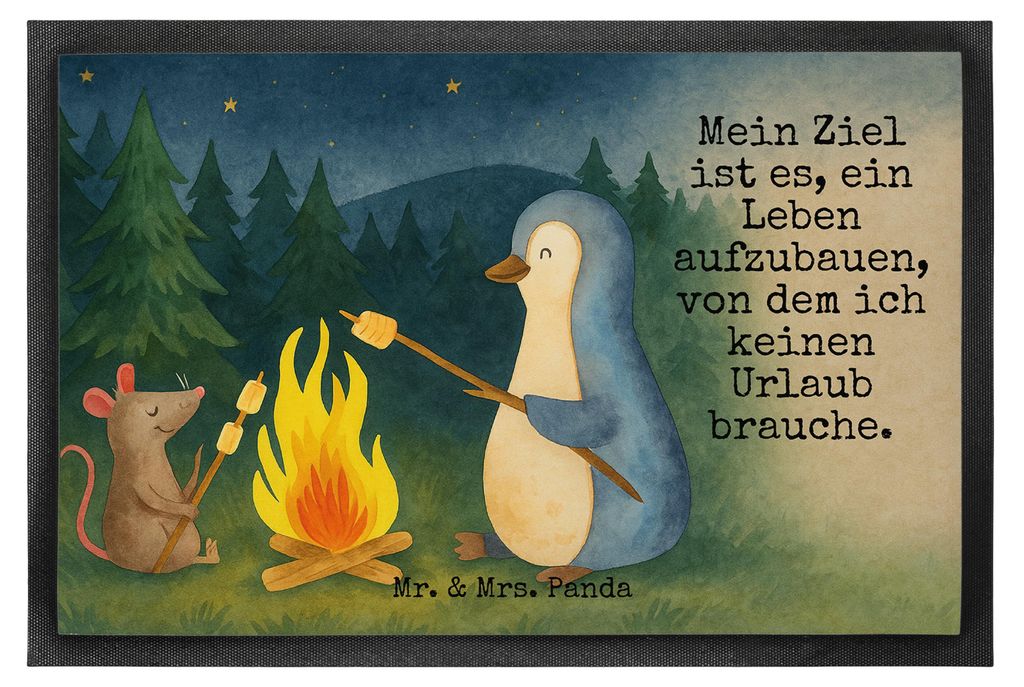 Mr. & Mrs. Panda fußmatte Pinguin Lagerfeuer Design 40 x 60 cm - Weiß - Geschenk, flurmatte, Grillen, Arbeit, Eingangsteppich, Job, Eingangsmatte...