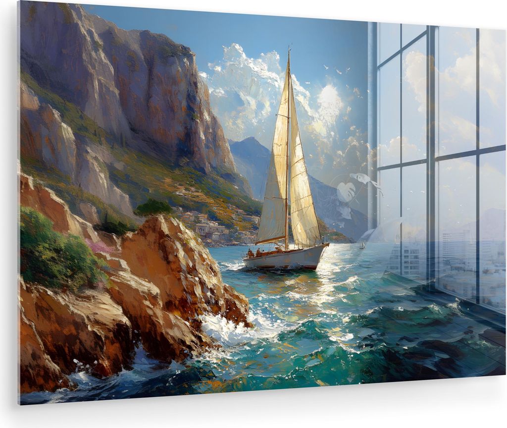 MuchoWow Glasbilder - Bilder auf Wandbild - Foto auf Glas Segelschiff - Meer - Felsen - Wolken 90x60 cm Wanddekoration aus Glas - Acrylglasbild - A...