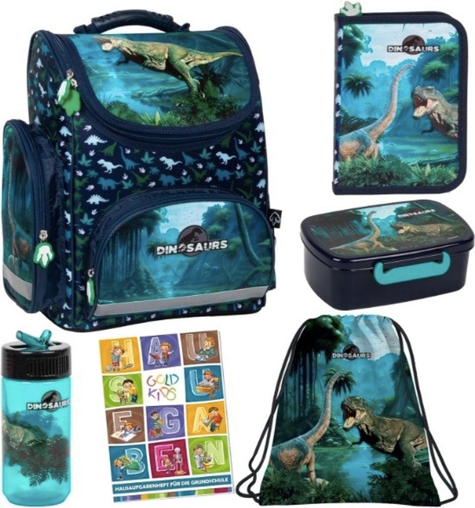 Schulranzen für Jungen, 6er-Set - Schul-Rucksack für Kinder mit Federmäppchen - Schuhbeutel und Hausaufgabenheft - Dinosaurier Motiv
