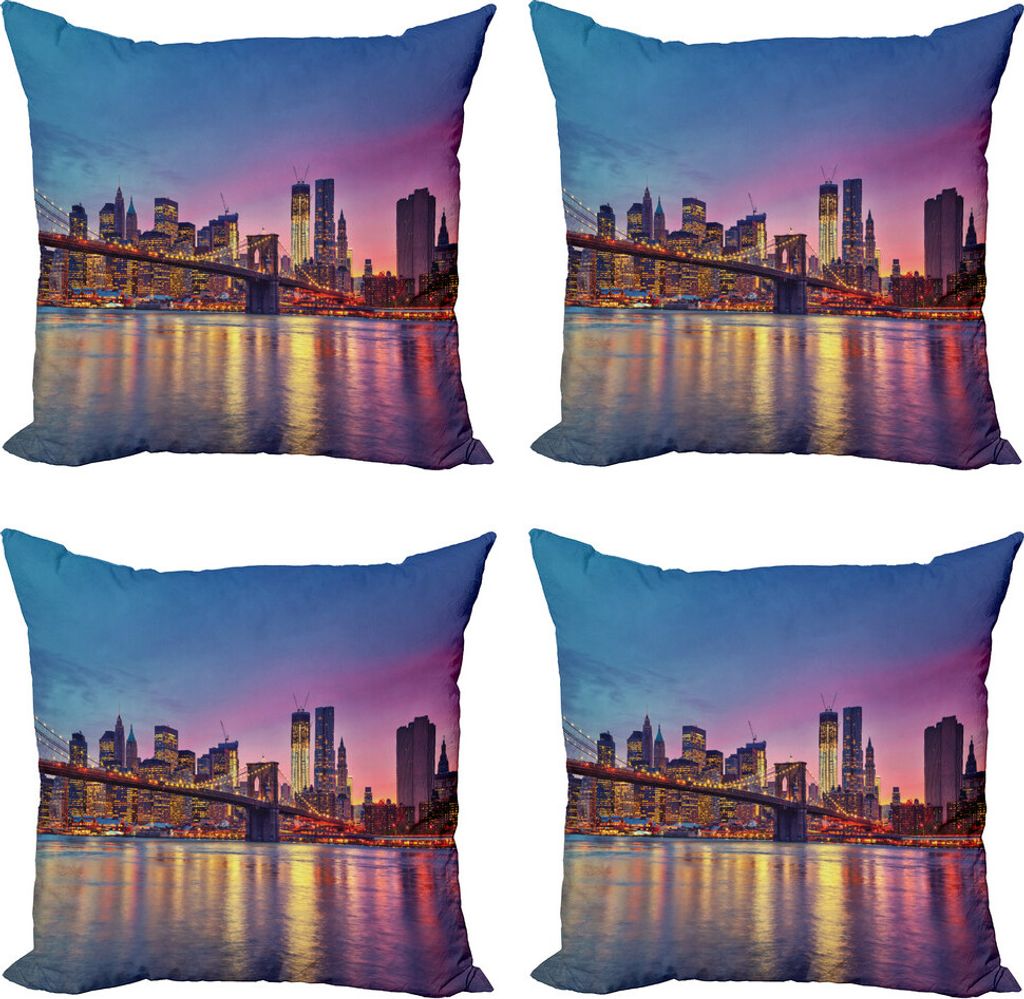 ABAKUHAUS NYC Kissenbezug Set (4 Stück), Vivid Manhattan Skyline Abenddämmerung, Moderner Doppelseitiger Digitaldruck, 40 cm x 40 cm, Mehrfarbig