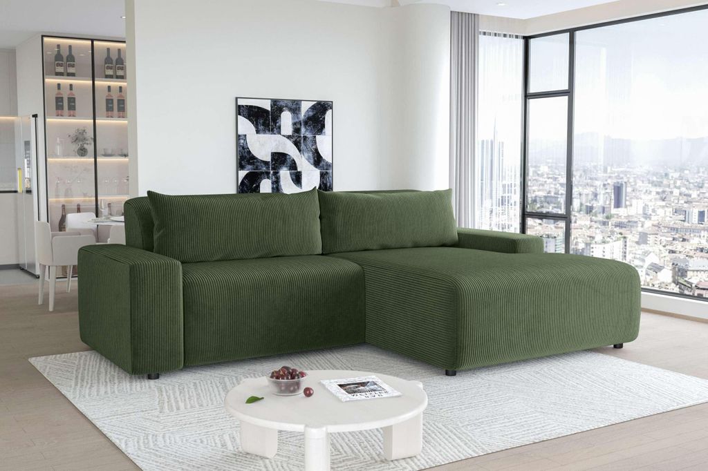 99rooms Tivoli Ecksofa Cordstoff POSO Khaki Rechts mit Kissen