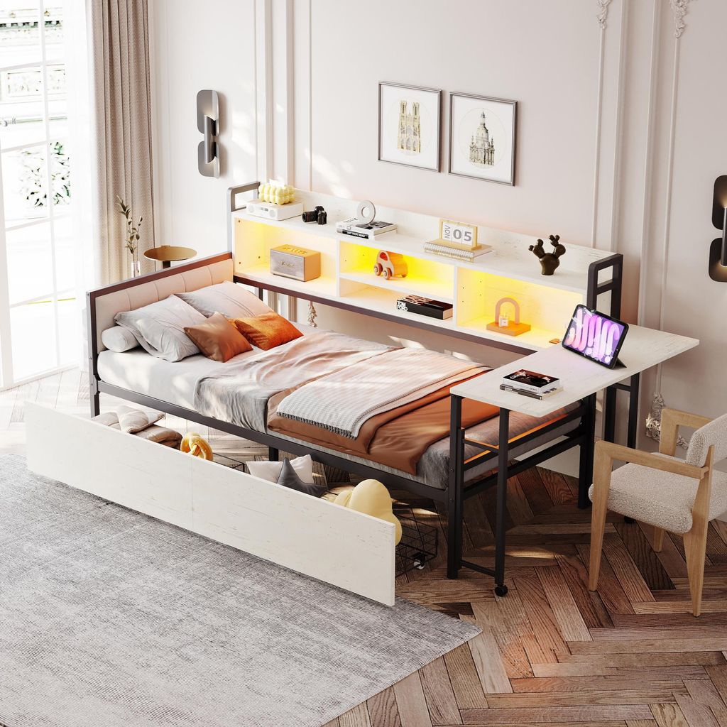 Sweiko Eisen Sofabett 90 x 200 cm, mit LED-Beleuchtung und Stauraum, mit Schubladen und multifunktionaler Steckdose, ausklappbarem Schreibtisch, we...