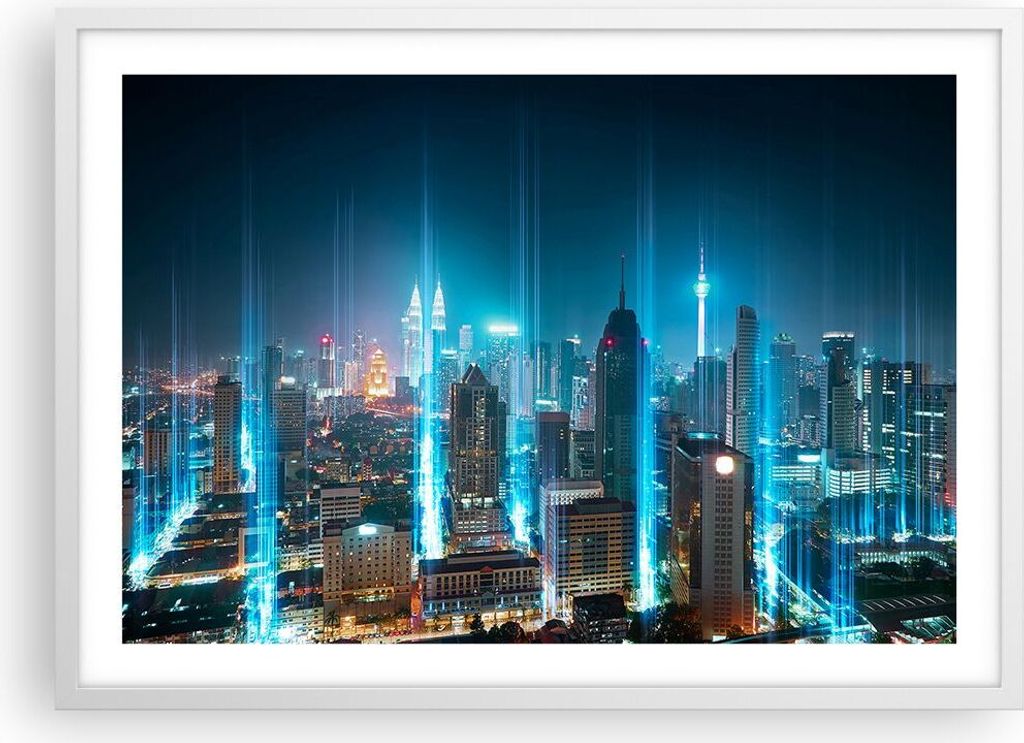 Gerahmtes Poster - Weißer Rahmen - Stadt Nacht Straße - 70x50 cm - Wand Bild - Wanddeko - Wandbilder - Kunstposter - Wandposter - Bilderrahmen - ...