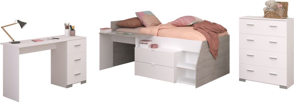Milky 15 funktionales und stilvolles 3-teiliges Kinderzimmer-Set inWeiß und Grey Loft Nachbildung