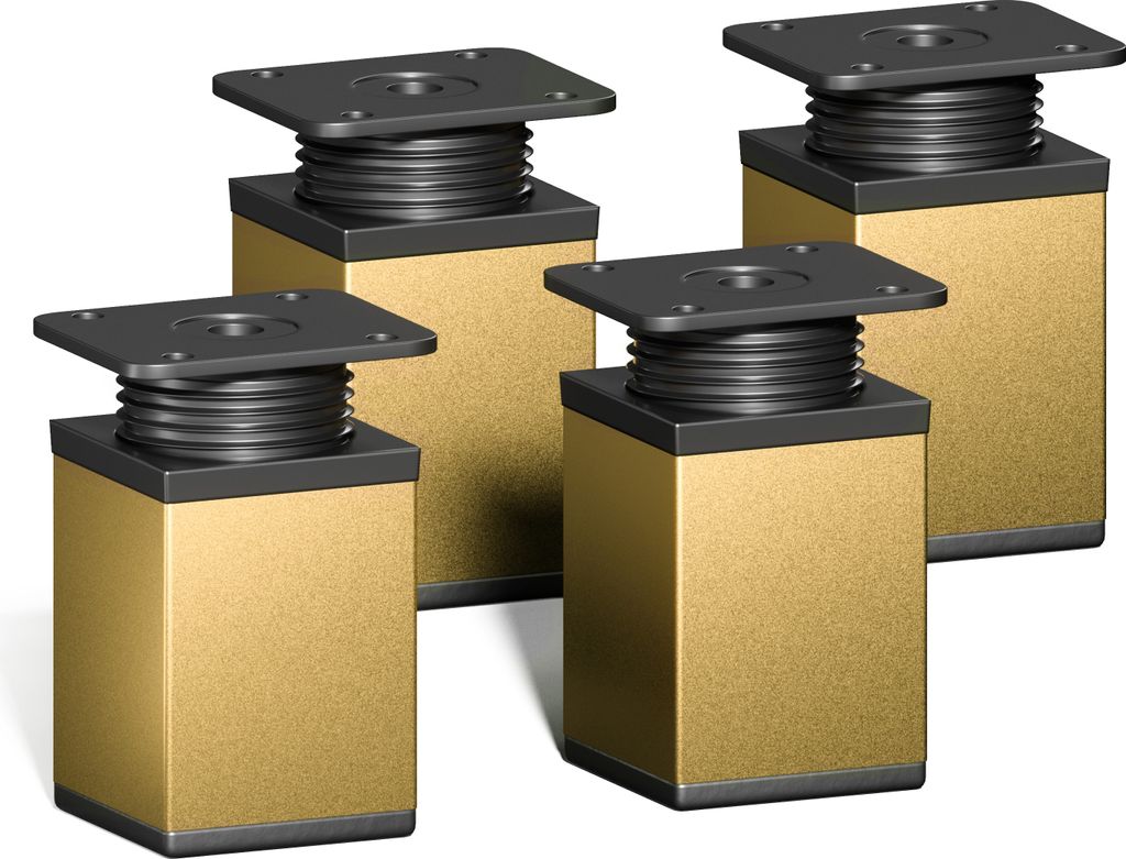 Four modern furniture feet with gold-colored bases and black adjustable tops are arranged in a group against a white background.