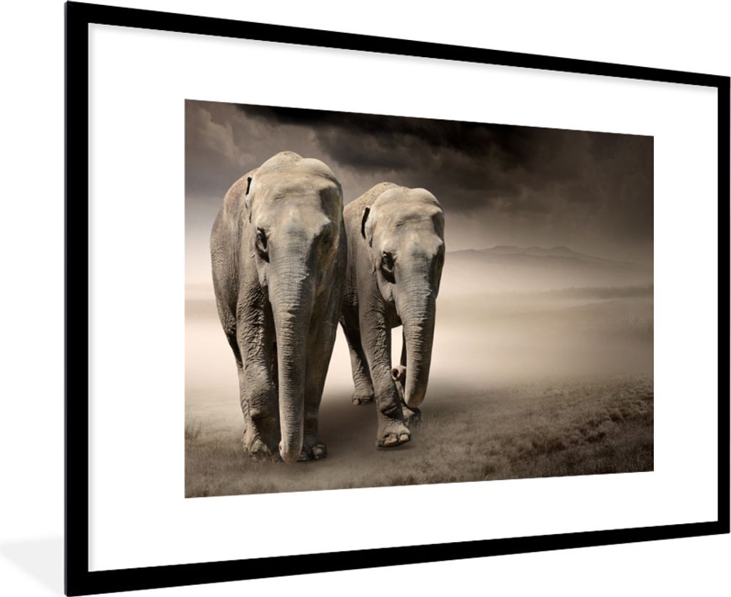 MuchoWow MuchoWow Gerahmtes Poster Elefant - Berg - Nebel 90x60 cm - Poster mit zchwarzem Bilderrahmen - Wanddekoration - Fotos