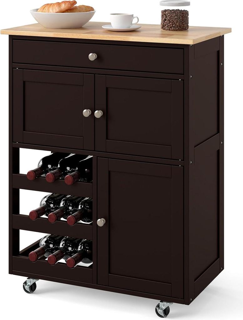 A dark brown kitchen cart with a wooden countertop is shown against a white background. It features a drawer, two cabinets, and a wine rack. There are also some food items and a cup on the countertop.