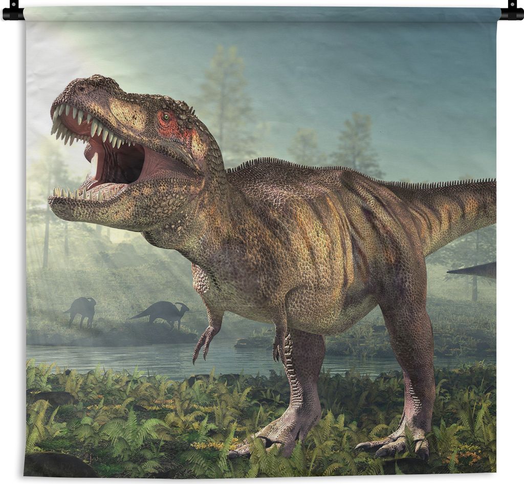 MuchoWow Wandteppich Wandbehang Dino - Gras - Zeichnung - Kinder - Jungen 90x90 cm Tapisserie Dekoration Wandtuch - Wandaufhänger