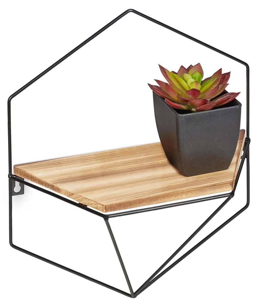 Étagère murale hexagonale en métal noir et bois MDF 35 x 31 x 13,5 cm