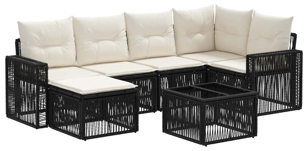 Gartensofa-set 7 pcs Schwarz und Cremeweiß Poly-Rattan