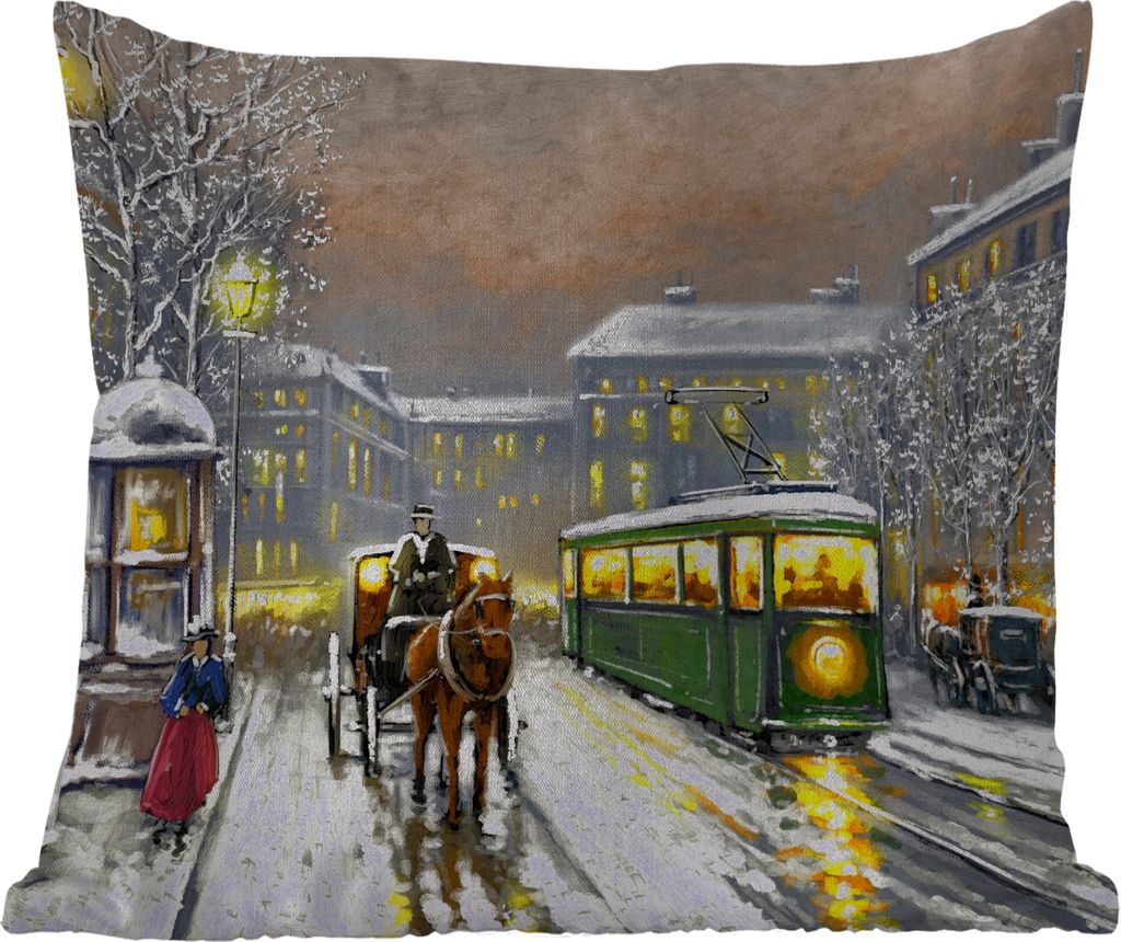 MuchoWow Outdoor Kissen - Gemälde - Ölgemälde - Winter - Straßenbahn - Pferd - 45x45 cm - Wetterfest - Lounge Kissen - Fotokissen - Dekorativ...
