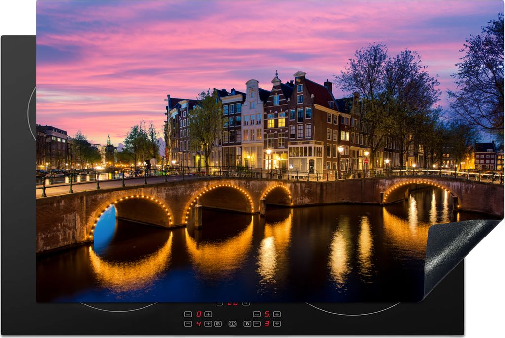 KitchenYeah Herdabdeckplatte Amsterdam - Nacht - Gracht , 81x52cm, Küche Deko, Glaskeramikkochfeld Herdabdeckung, Abdeckplatte fùr Kochfeld