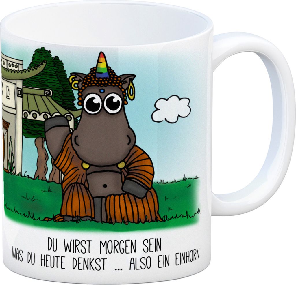 Honeycorns Kaffeebecher mit Einhorn Buddha Motiv und Spruch: Du wirst morgen