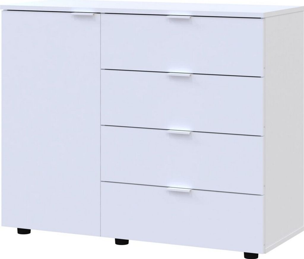 A white kommode with four drawers and a single door on the left, shown from the front.