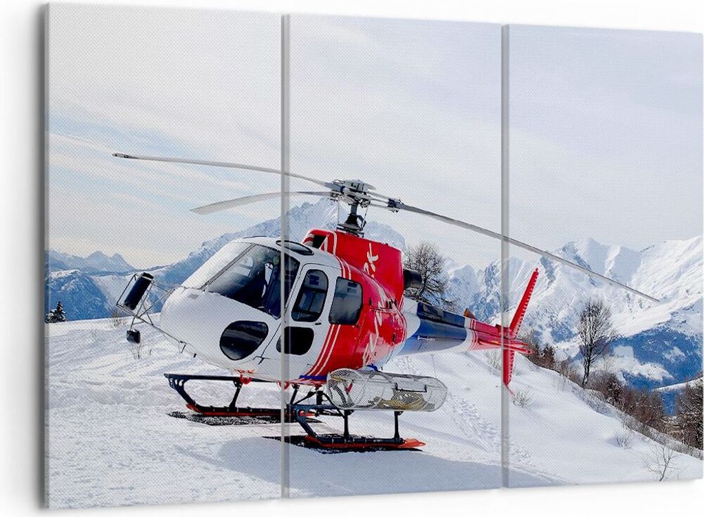 Bild auf Leinwand - Leinwandbild - Hubschrauber Berge Gipfel Winter - 105x70cm - Wand Bild - Wanddeko - Leinwanddruck - Bilder - Kunstdruck - Leinw...